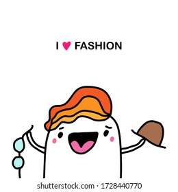 I love fashion hand drawn vector illustration in cartoon comic style man happy with choosing clothes