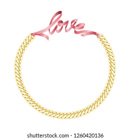 Love fashion print with gold chain and pink ribbon