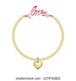 Love fashion print with gold chain, heart and pink ribbon. Velentines and wedding romantic pattern and frame with lettering for textile and tshirt prints, greeting cards with text place.