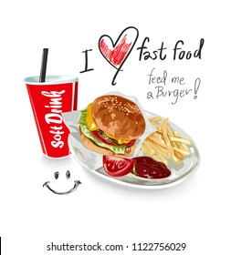 i love fast food slogan with hamburger set and soft drink illustration i love fast food slogan with hamburger set and soft drink illustration