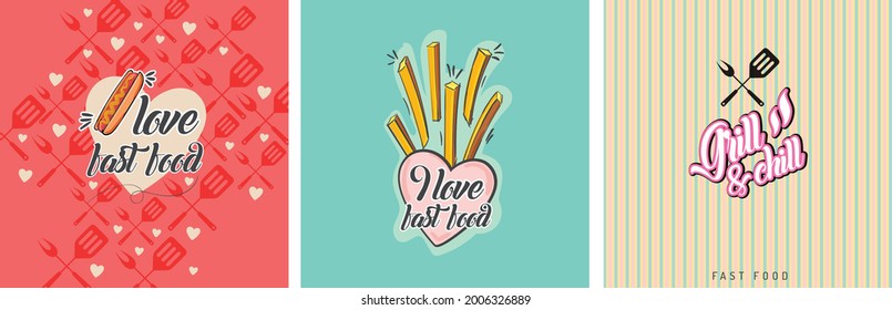 I love Fast Food. Food vector illustration. French fries icon. Grill and Chill. Pastel colors.