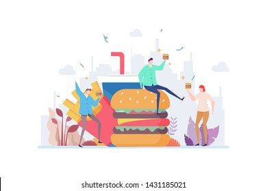 Love Fastfood Vector Illustration Concept Mostrar un grupo de personas que disfrutan de comida rápida, Apto para la página de inicio, ui, web, aplicación móvil, tarjeta de presentación, editorial, volante y banner.