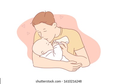 Love, Fatherhood, Family, Care Concept. Careful Father Kisses And Hugs Lovely Child. Family Man Feeds Babe With Milk. Fatherhood Is Great Responsibility. Young Dad Loves His Baby. Simple Flat Vector