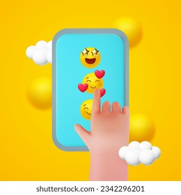 Love and feelings concept with smartphone. Yellow ball with face and heart. Emotion expression collection. Love, heart and romantic. Fall in love. Love call.