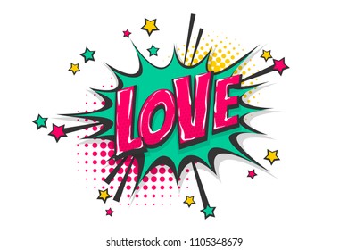 Love feelings wow comic text speech bubble. Colored pop art style sound effect. Halftone vector illustration banner. Vintage comics book poster. Colored funny cloud font.