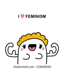 Amo el feminismo ilustraciones vectoriales hechas a mano en el estilo de historietas de dibujos animados mujer fuerte con el rostro de kawaii de pecho