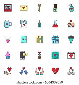 Love filled outline icons set, line vector symbol collection, linear colorful pictogram pack. Signs, logo illustration, Set includes icons as Couple picture with heart, Love letter with heart