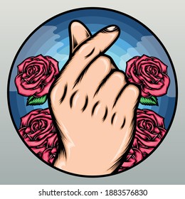 Love finger with pink roses. Premium vector