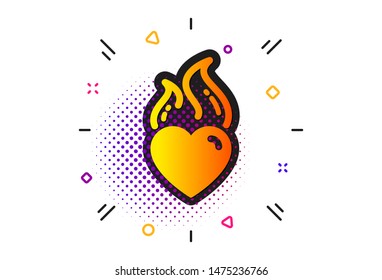 Love fire emotion sign. Halftone circles pattern. Heart flame icon. Valentine day symbol. Classic flat heart flame icon. Vector