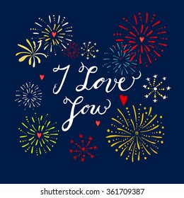 Love Firework, hand drawn vector greeting card