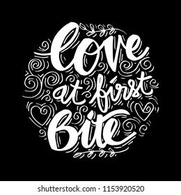 Love at first bite hand lettering on circle background.