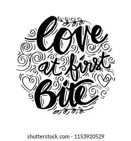 Love at first bite hand lettering on circle background.