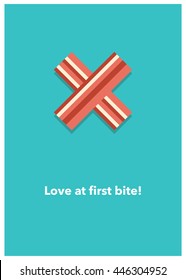 LOVE AT FIRST BITE! (Vector Illustration in flat style breakfast quote poster design)