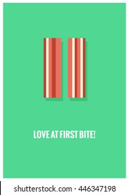 LOVE AT FIRST BITE! (Vector Illustration in flat style breakfast quote poster design)
