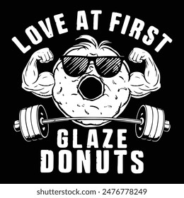 Liebe bei First Glaze Donuts, Stilisierte Donut-Vektorillustration für Kleidung. Ideal für Stoffmuster, textile Grafiken, Poster-Kunst und Kartendrucke.
