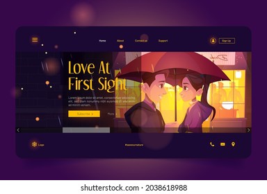 Love at first sight banner with happy couple under umbrella in rain. Vector landing page of romance and relationship with cartoon illustration of man and woman look at each other at rainy night