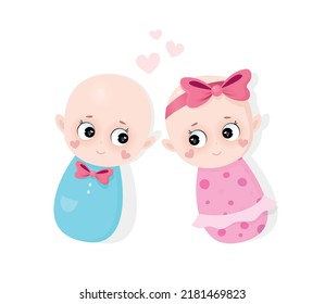 Love from the first sight. Beautiful and cute twin babies. Baby shower illustration. Siblings. Two newborn. Flat vector cartoon design. Perfect for logos, sign, cards, invitations, apparel print  