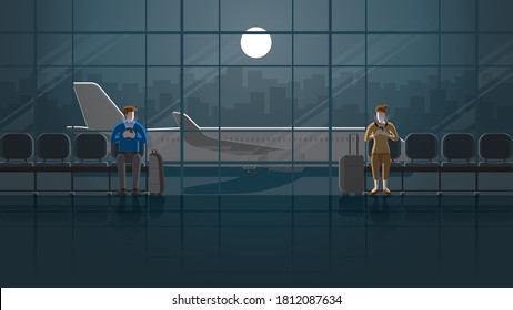 Love at first sight between man and woman in the international airport at night in the dark and full moon light. Lonely people in city lifestyle. Idea illustration vector concept romantic scene.