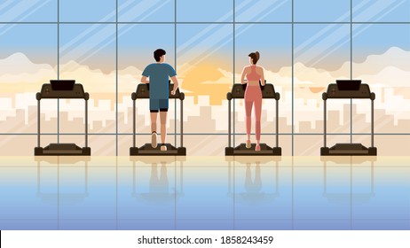 Love at first sight between man and woman running on treadmill at fitness center in early morning sunrise. Everyday daily routine of active healthy people city lifestyle of diligent cardio exercise.