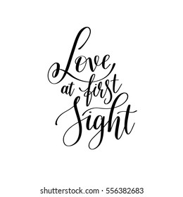 love at first sight black and white hand written lettering phrase about love to valentines day design poster, greeting card, photo album, banner, calligraphy text vector illustration