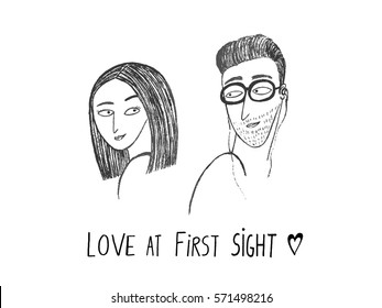 Love at first sight. Boy and girl looking at each other, hand drawn vector illustration