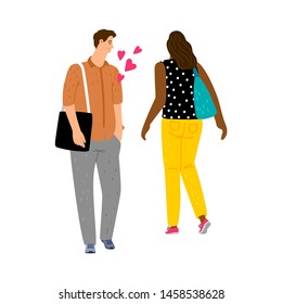 Love at first sight concept. Guy fell in love with girl on street vector illustration