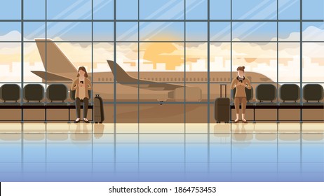 Love at first sight concept of LGBT between females. Using smartphone at  international airport terminal. Waiting for flight at the early morning sunrise. Romantic scene with plane runway background.