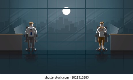 Love at first sight and eye contact. Employees man and woman using smartphone working on laptop in office. Work in the dark and light from full moon. City lifestyle of work hard overtime and overwork.