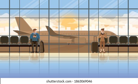 Love at first sight eye contact between man and woman. Using smartphone at international airport terminal. Waiting for flight at the early morning sunrise. Romantic scene with plane runway background.