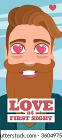 Love at first sight. Postcard on Valentine's Day with a hipster beard man. Illustration in style flat