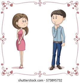 Love at First Sight Vector Cartoon Couple - Vector illustration of shy boy and girl falling in love
