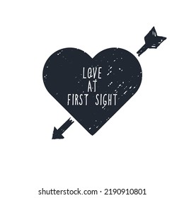 Love at first sight vector heart and arrow shape hand drawn. Rough textured vector illustration