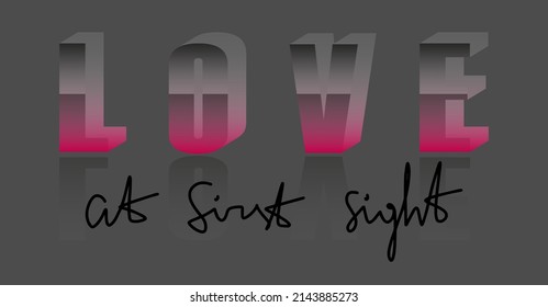 Love at first sight vector lettering. Modern phrase, handwritten calligraphy. Grey and pink gradient 3d font. Relationship concept design for social media, banner, card, t-shirt, poster print template