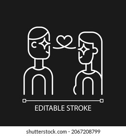 Love at first sight white linear icon for dark theme. Mutual feeling. Two people falling in love. Thin line customizable illustration. Isolated vector contour symbol for night mode. Editable stroke