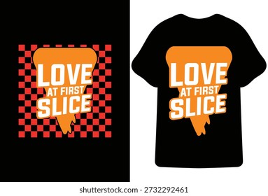 Love At First Slice Pizza T-Shirt Design mit Retro Schachbretthintergrund