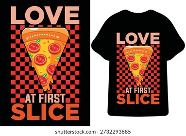 Liebe zum ersten Slice Pizza T-Shirt Design mit Schachbretthintergrund