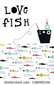 Love fish -  fishing from the boat in the sea. Cute kids paper cut vector illustration with hand drawn lettering.