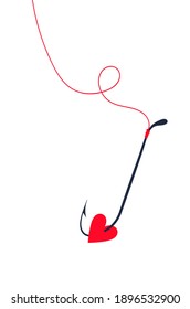 "Love". Fish hook with heart. Love symbol. Card for Valentines Day. Hand drawn vector stock illustration. 