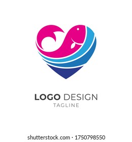 Love fish logo, fish and waves in the shape of a heart, simple flat logo style