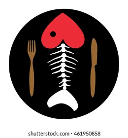Love to fish. Fish skeleton. Fish bone on chalkboard with Cutlery .Vector illustration. 