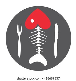 Love to fish. Fish skeleton.fish bone on chalkboard with Cutlery .Vector illustration. 