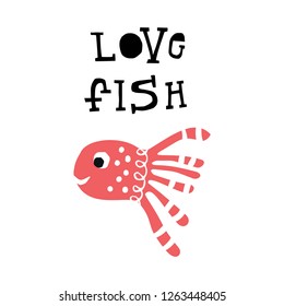 Love fish - Summer kids poster with a fish cut out of paper and hand drawn lettering. Vector illustration.