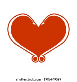 I love fishing. Red heart icon isolated on white background. Concept of hobby, pastime. Heart of two hooks. Vector illustration. EPS10