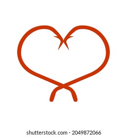 I love fishing. Red heart icon isolated on white background. Heart of two hooks. Vector illustration. EPS10