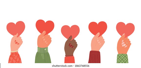 Love. Five hands holding hearts. Concept border.