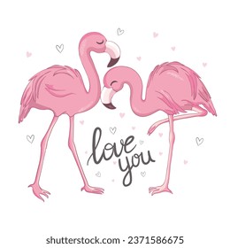 Love Flamingos. Hand drawn vector illustration of two flamingos.