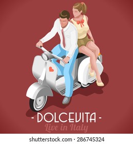 Love Flat 3d Isometric Couple Marcello and Audrey on their Vintage Scooter Sweet  Life Holiday in Italy Dolce Vita JPG JPEG Image Drawing Object Picture Graphic Art Vector EPS 10 AI
