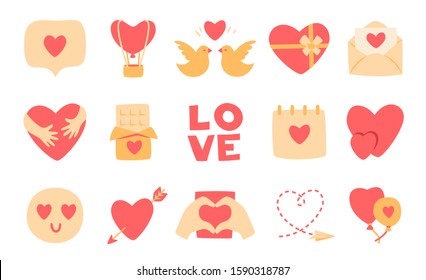 Love flat cartoon icon set. Valentines Day romantic symbols. Couple hearts, hugs, kiss, candy chocolate, sweet gift box icons. Simple february 14 love sign collection. Isolated vector illustration