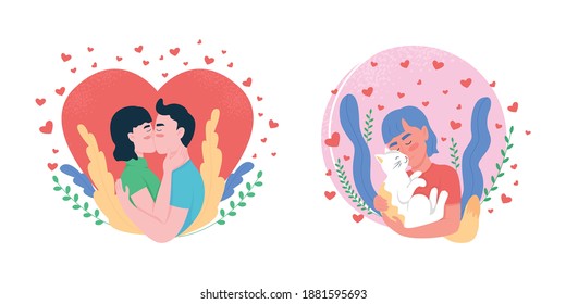 Love flat concept vector illustration set. Couple kissing. Boyfriend, girlfriend. Pet owner hugging cat. Man, woman 2D cartoon characters for web design. Expressing affection creative idea collection