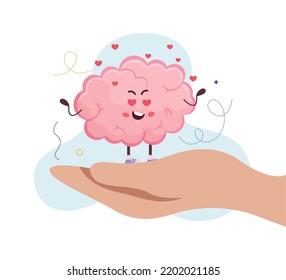 Love flat design concept with joyful cartoon brain character surrounded by little red hearts on human hand vector illustration